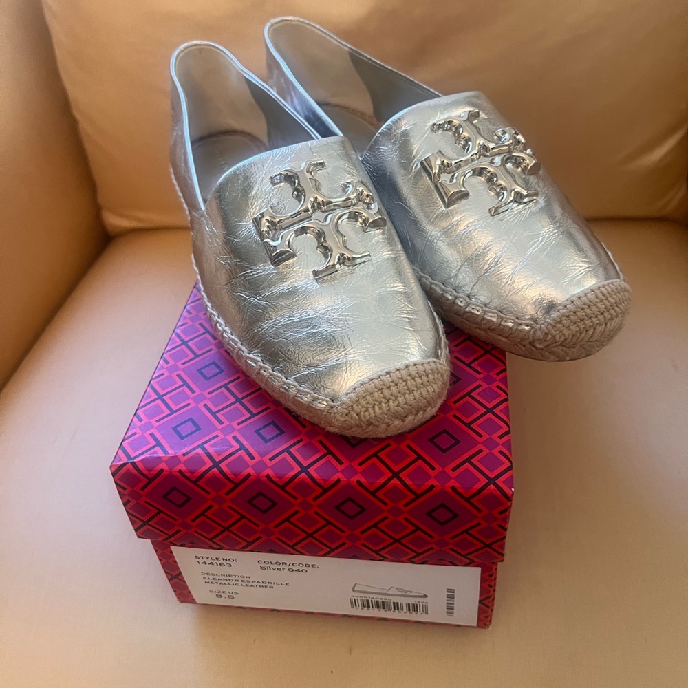 $125 Tory Burch Eleanor slip-on Metallic Silver Espadrilles